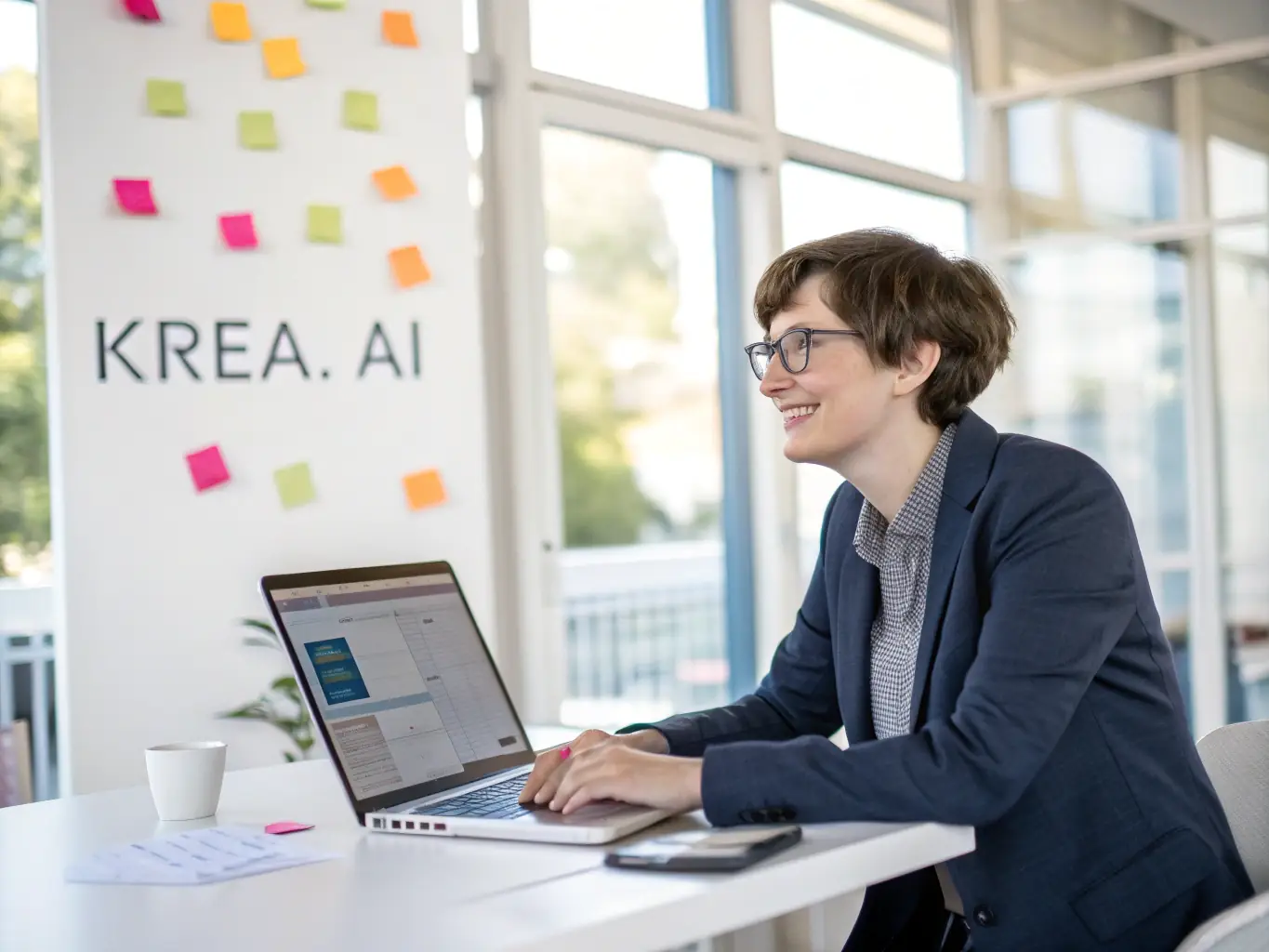 A dynamic image showcasing a small business owner confidently presenting AI-generated marketing materials on a tablet, with a modern office setting in the background. The scene emphasizes innovation and success.