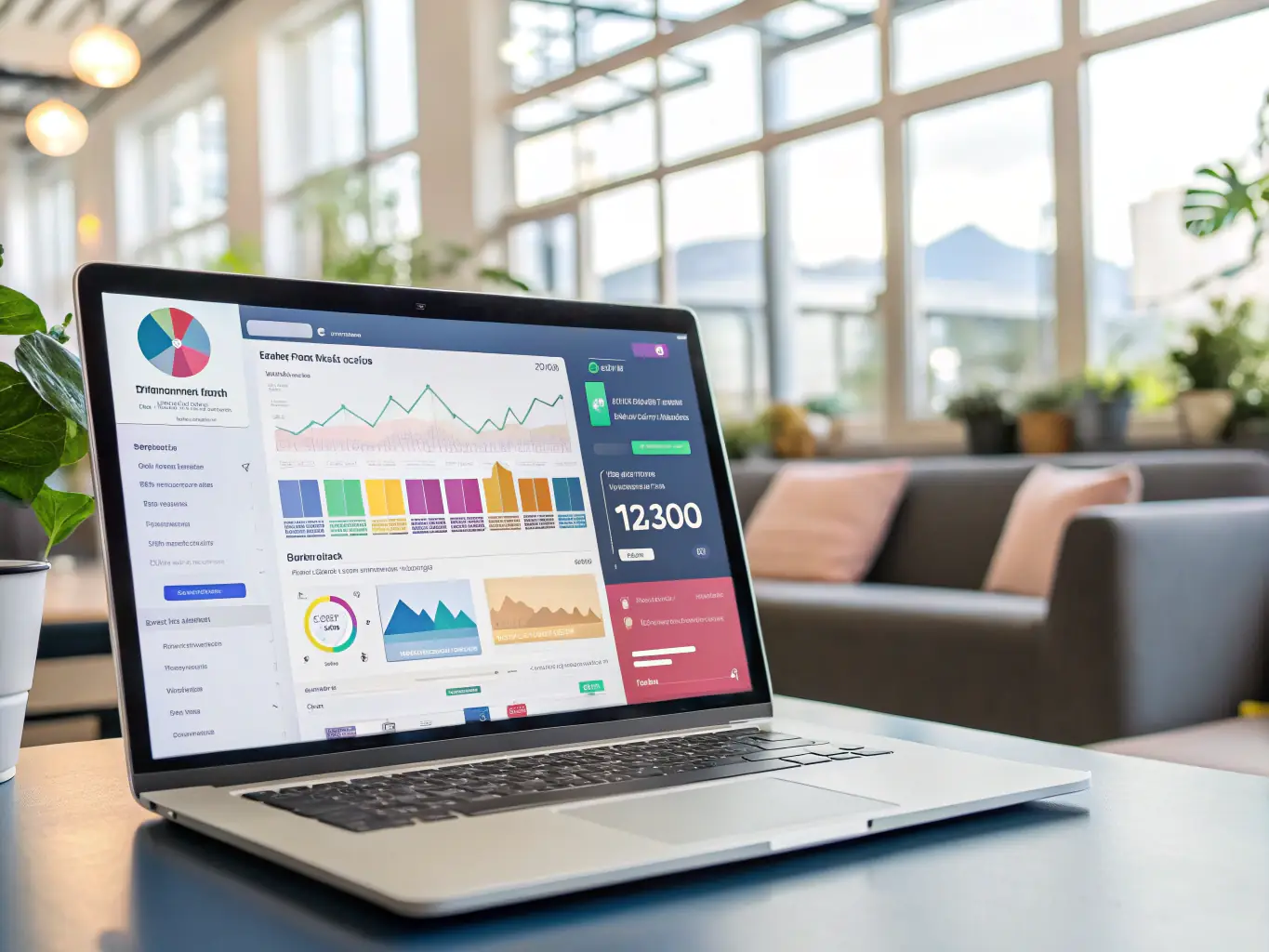 An image featuring a user-friendly dashboard displaying social media analytics and scheduled posts, with a clean and modern design. The scene highlights ease of use and efficiency.