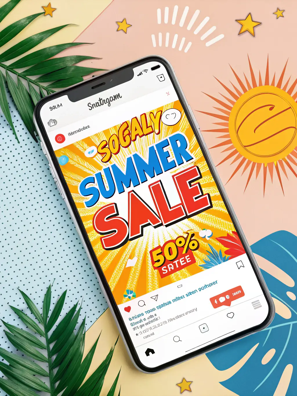 A vibrant AI-generated image showcasing a Facebook post promoting a summer sale for a small clothing boutique, featuring colorful graphics and a clear call to action.