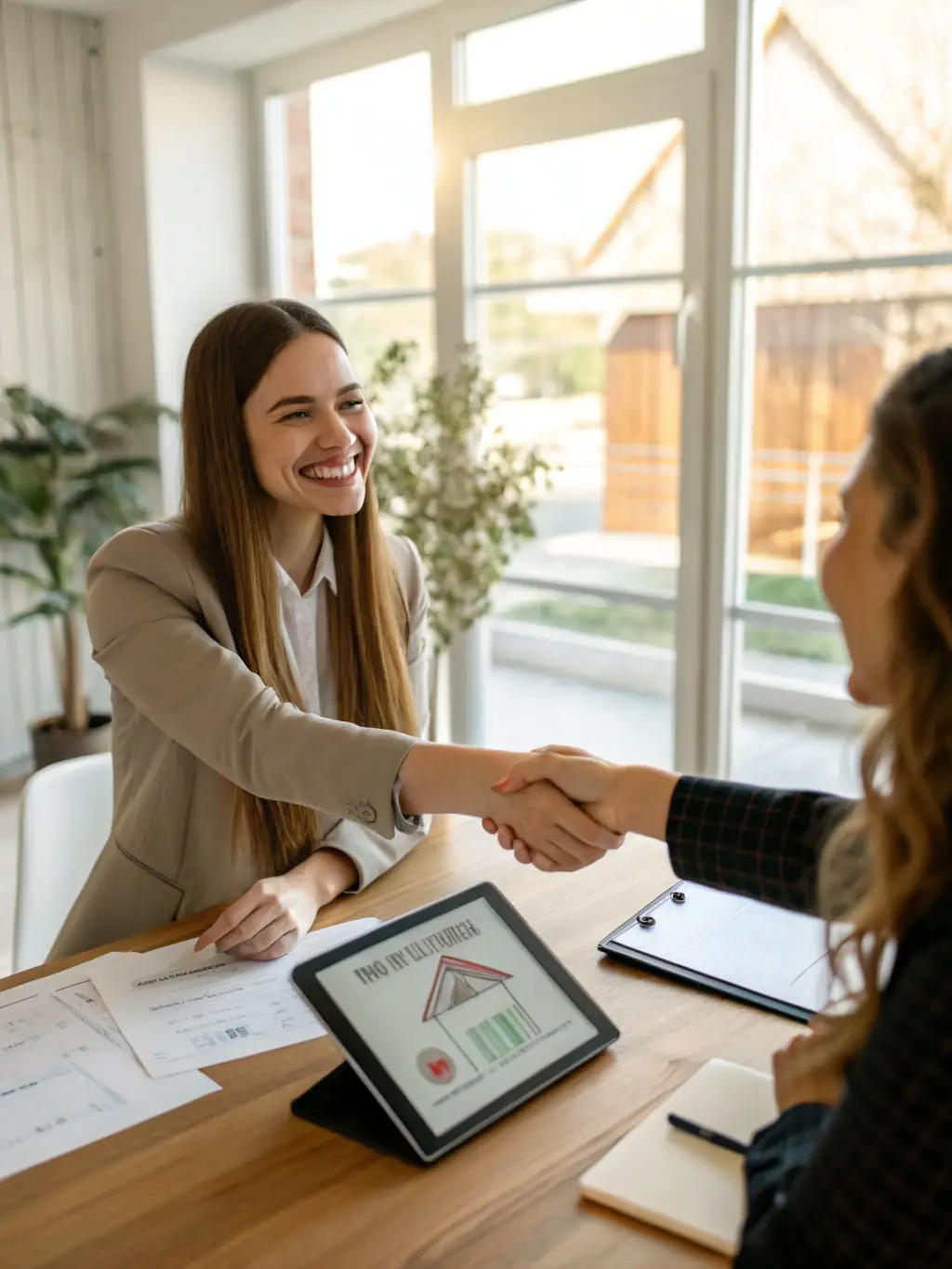 A real estate agent successfully closing a deal with happy clients, showcasing the benefit of increased sales through effective marketing materials.