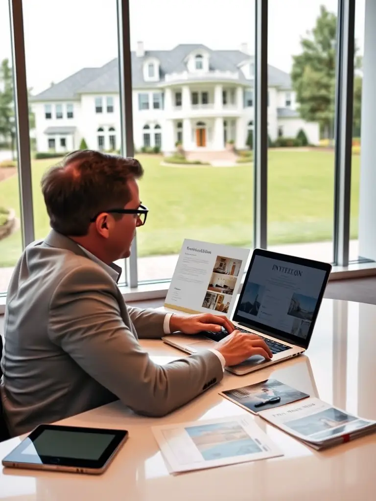 A real estate agent saving time by using pre-made social media templates, illustrating the efficiency of the content packs.